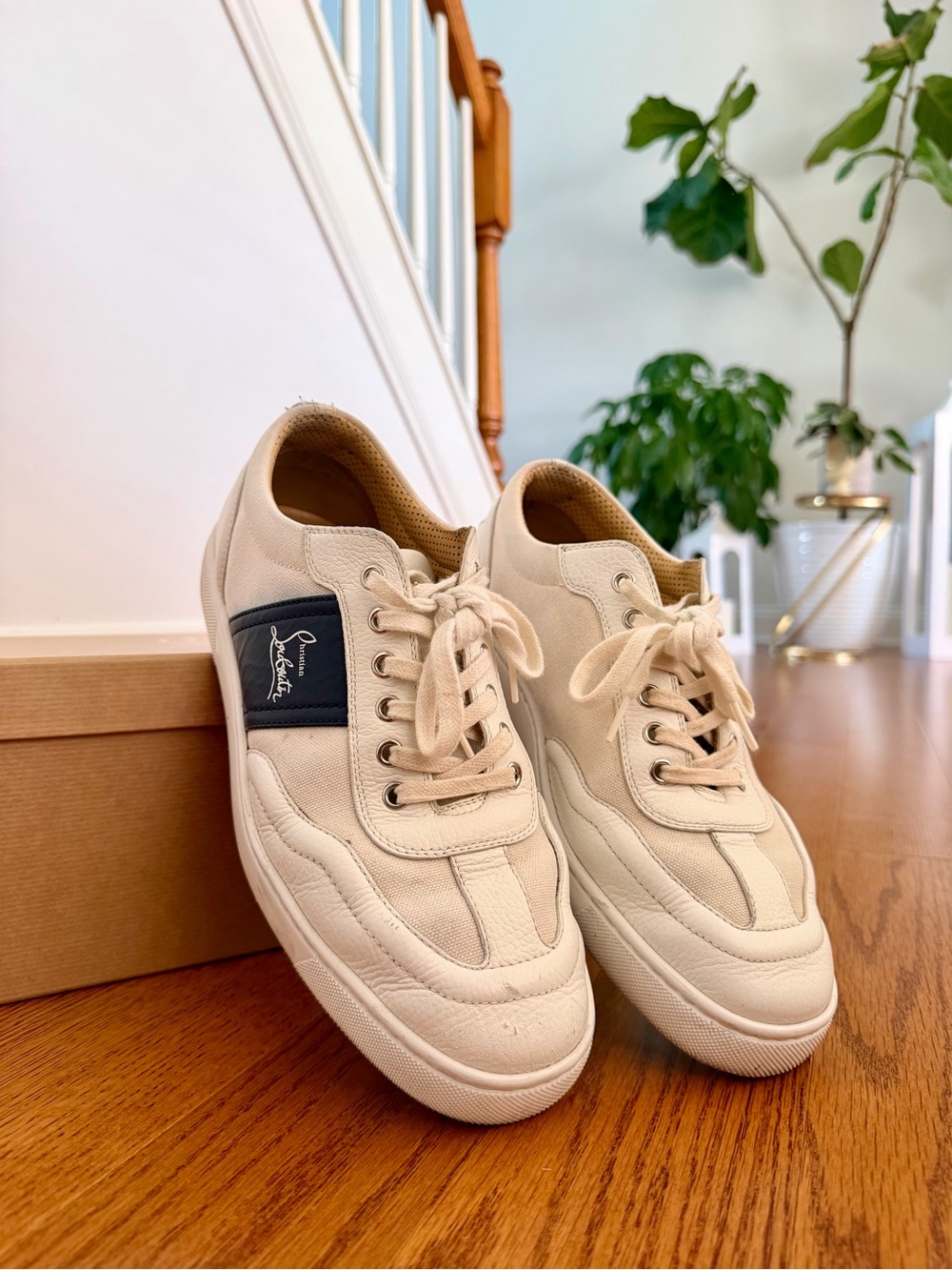 Christian Louboutin Cream Canvas Low-Top Sneakers with Black Logo Patch